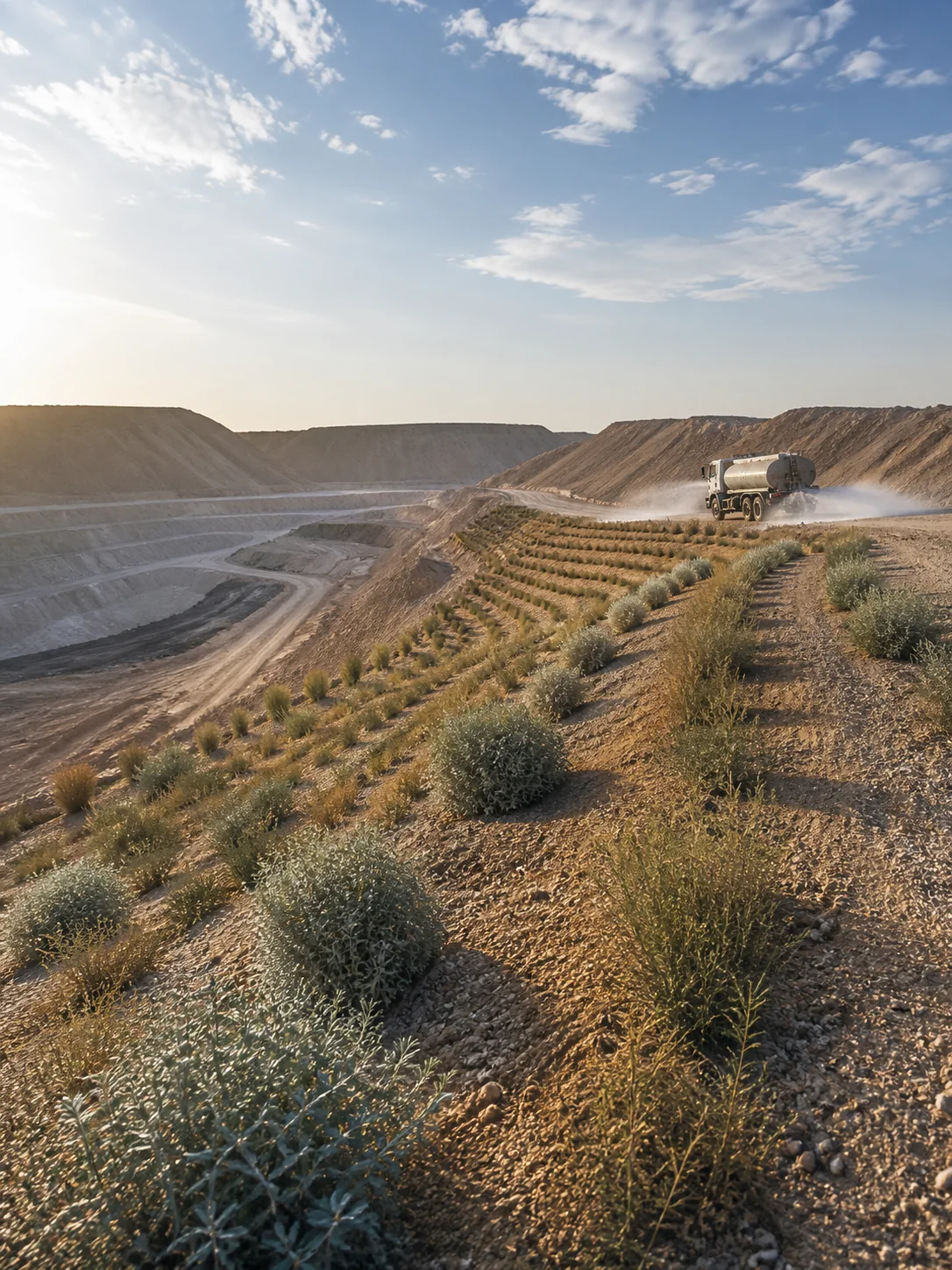 Arid land rehabilitation beside a Syrian phosphate mine