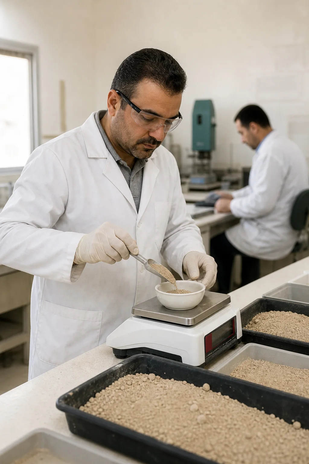 Syrian technicians testing phosphate quality